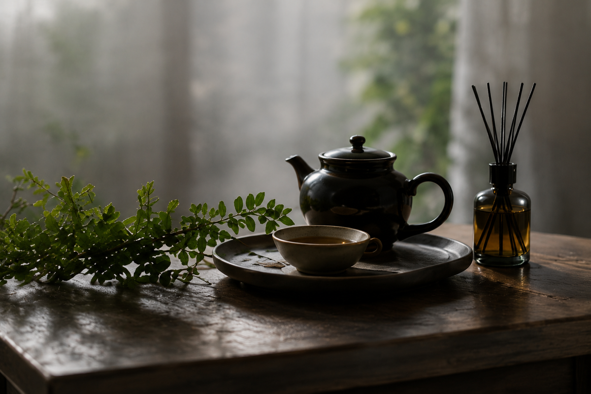 自然光下的茶壺茶杯與植物，呈現乾淨安靜的茶香氣味意象