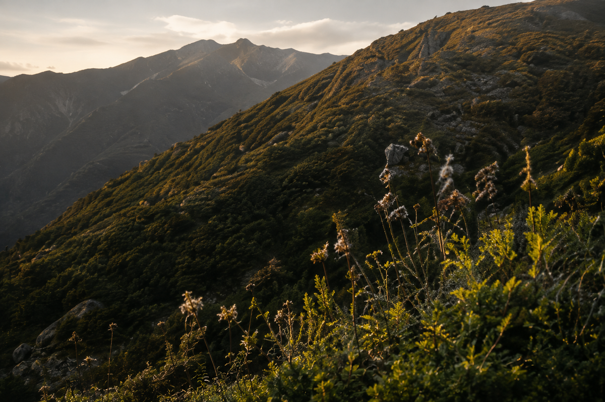 高山稜線與山坡植被在陽光照射下呈現自然景觀